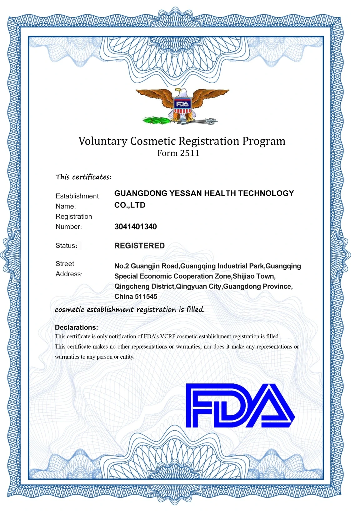 Disunie FDA Certificate